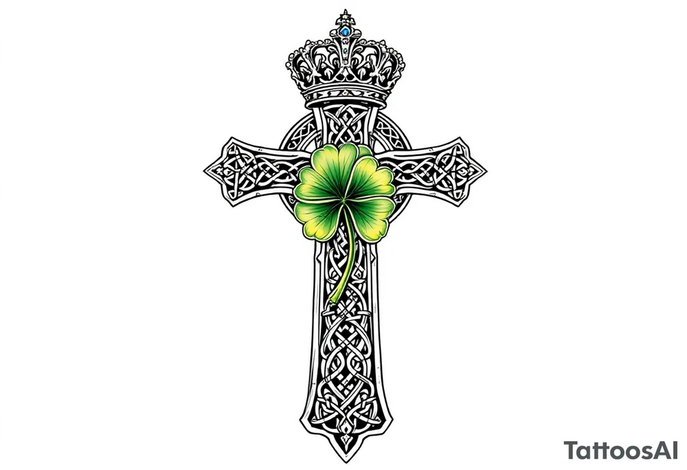 Celtic cross tattoo featuring intricate knotwork patterns along the arms and base of the cross. At the heart of the cross, place a vibrant four-leaf clover, its leaves shaded with subtle gradients of green, symbolizing luck and unity. Above the cross, incorporate a regal crown adorned with ornate details, such as small gemstones or filigree, to signify authority and strength. Behind the cross include a lot of filigree and celtic knots giving a tree of life vibe tattoo idea