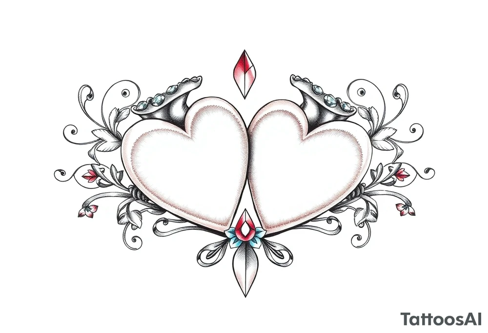 Two hearts surrounded by filigree and crystal or gem accents tattoo idea