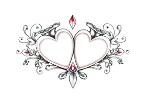 Two hearts surrounded by filigree and crystal or gem accents tattoo idea