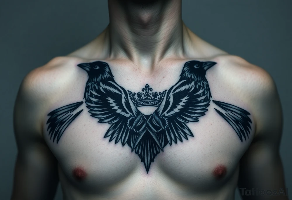 Chest tattoo, two ravens and icelandic symbols, dark brest tattoo, crown betwen ravens tattoo idea