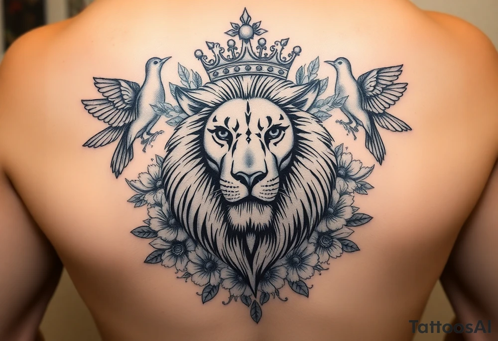 powerful majestic lion with a crown, surrounded by floral ornaments and birds tattoo idea