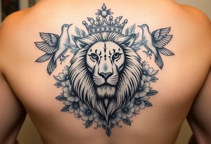 powerful majestic lion with a crown, surrounded by floral ornaments and birds tattoo idea