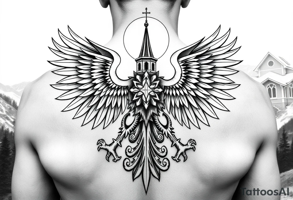 i am looking at getting a russian / serbian style double headed eagle like the coat of arms spread out on my back neck across my shoulders / traps in a orthodox christian church style setting with a sun beaming and in a mountainous setting, such as a Sovereign of the Mountain and an orthodox church in the background with the russian orthodox spire of the orthodox church being visible on my neck tattoo idea
