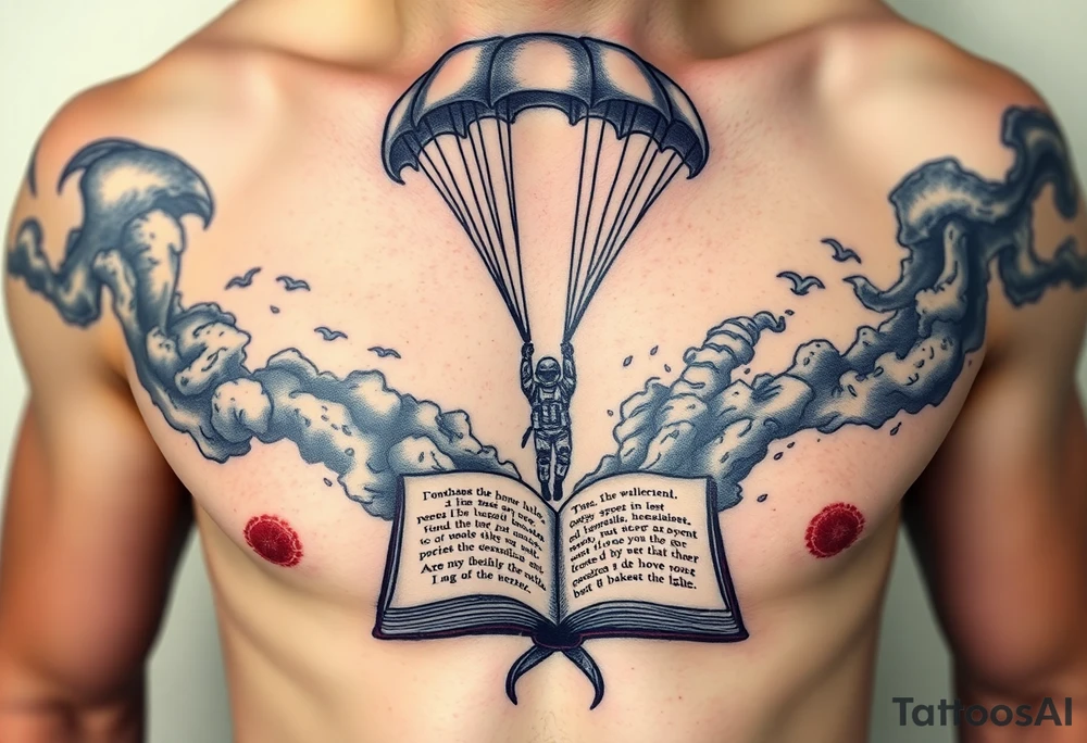 A parachuting soldier landing into an open book. Chaos surrounding, but a sense of security inside the book. On the chest. On one pectoral. book contains a quote tattoo idea