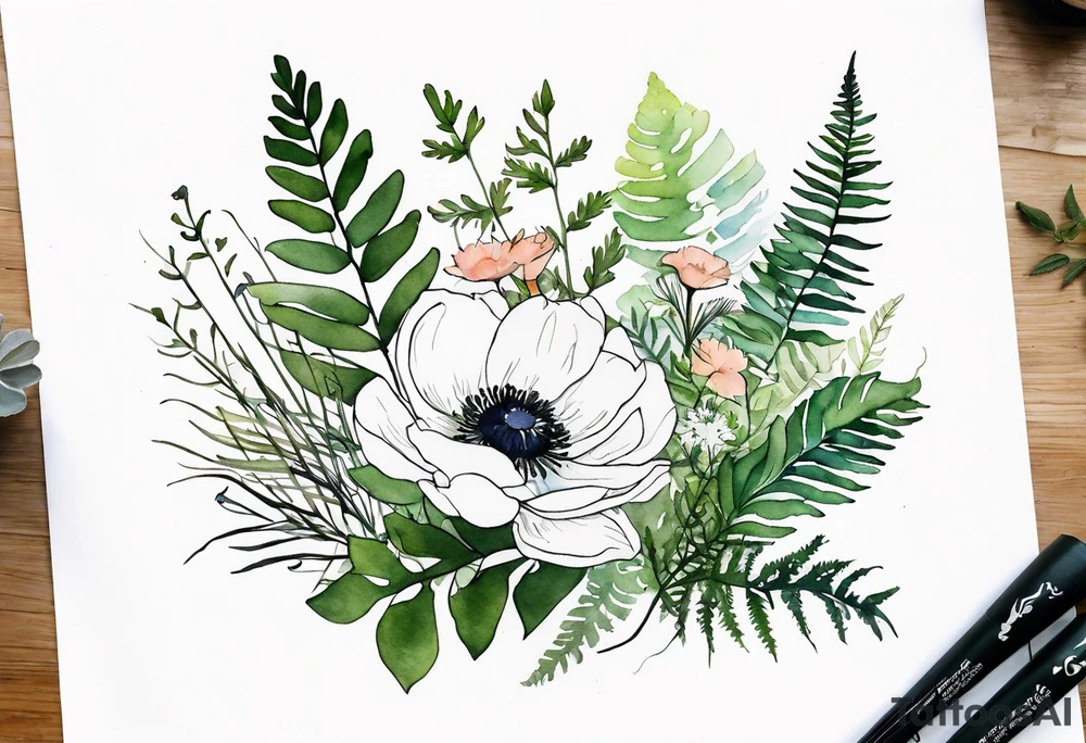 wild flower bouquet with ferns and white anemone all watercolor tattoo idea