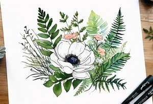 wild flower bouquet with ferns and white anemone all watercolor tattoo idea