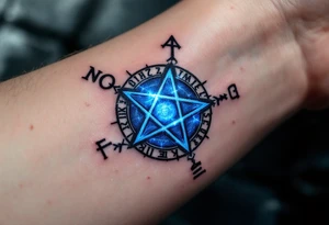 A deep blue pentacle encircled by ancient runes, glowing subtly with silver highlights. tattoo idea