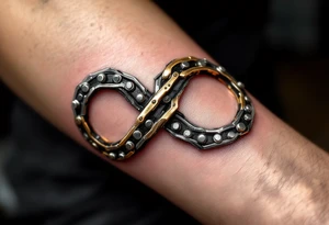 A bicycle chain forming the infinity symbol, in metallic silver and gold, symbolizing endless cycles and eternal connections. tattoo idea