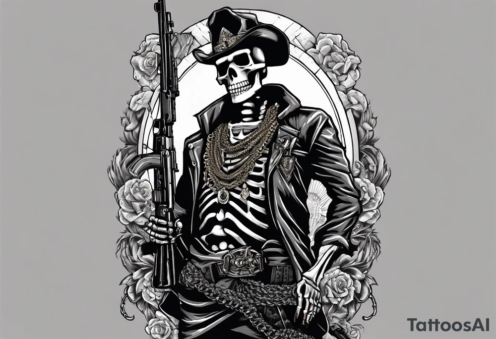 image of a skeleton standing frontally with a crown on his head, holding an AK-47 on his shoulder with his right hand. The chain on the left should be taut, there are three angry barking Dobermans in it, near the waist tattoo idea