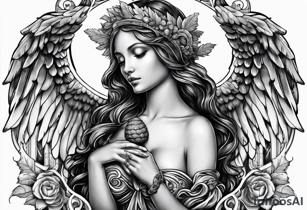 Spiritual angel holding an acorn tattoo idea