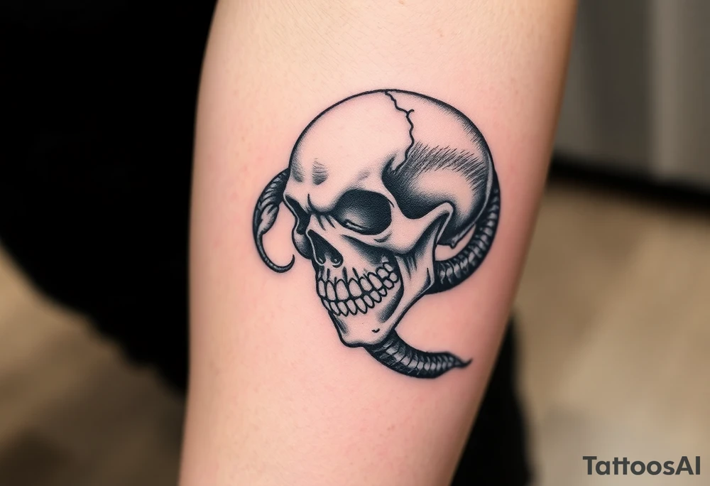 A hyper-realistic Dark Mark, with the snake slithering out of the skull’s mouth, coiled in a hypnotic pose tattoo idea