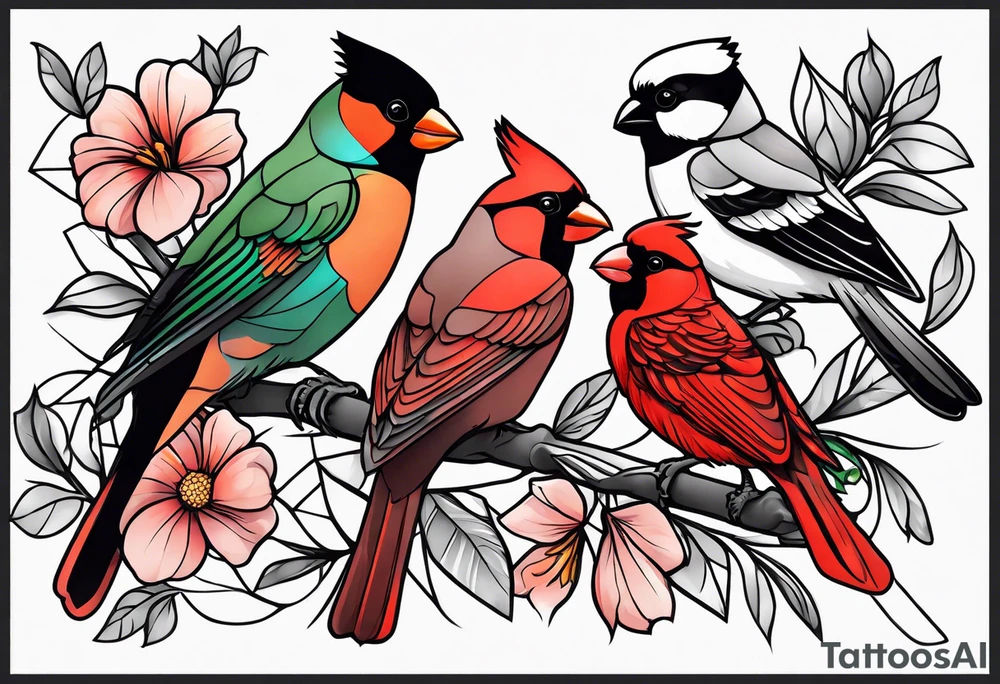 sleeve of 4 birds - cardinal, puffin, chickadee, and puerto rican parrot tattoo idea