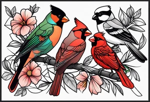 sleeve of 4 birds - cardinal, puffin, chickadee, and puerto rican parrot tattoo idea