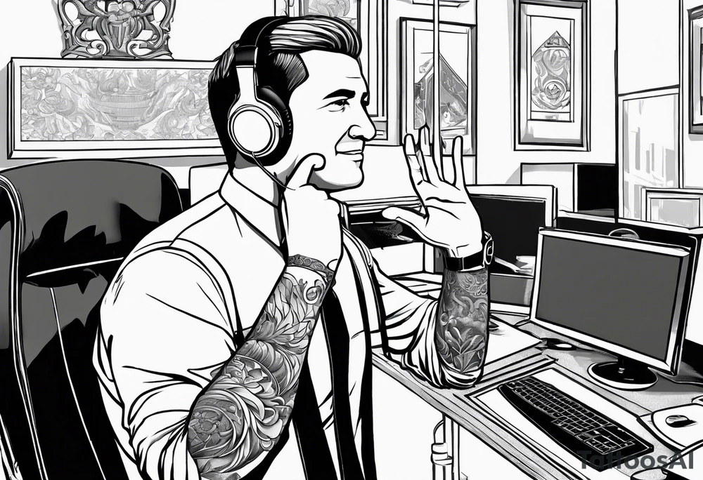 A manager in an office holds the raised hand of a businessman wearing headphones at a computer in tattoo idea