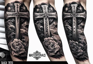 Forearms sleeve biblical cross tattoo idea