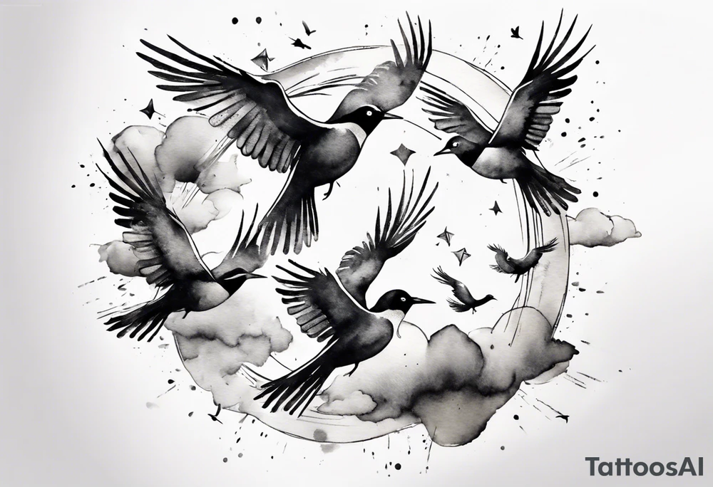shoulder tattoo with light rays with birds flying free among the clouds, round shape tattoo idea
