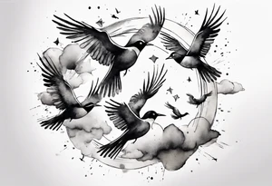 shoulder tattoo with light rays with birds flying free among the clouds, round shape tattoo idea