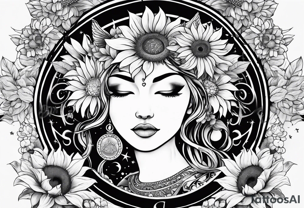 Zodiac sign Cancer, moon, sunflower, flowers, fairy, love, kind, fierce, sun, caring, tattoo idea