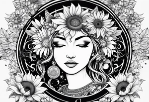 Zodiac sign Cancer, moon, sunflower, flowers, fairy, love, kind, fierce, sun, caring, tattoo idea