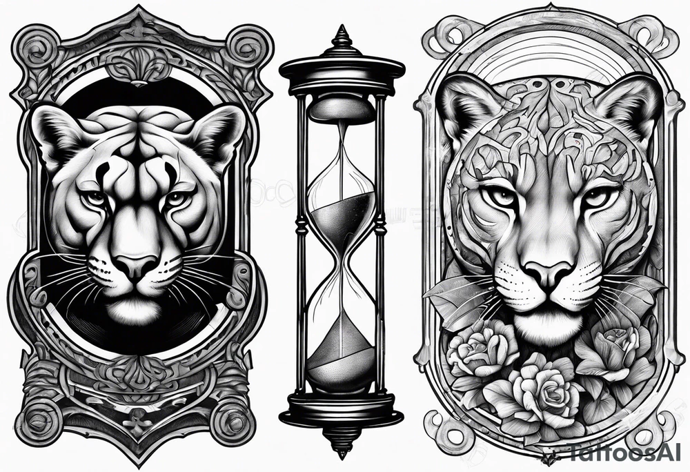 Brain in sagittal section and angry cougar inside hourglass tattoo idea