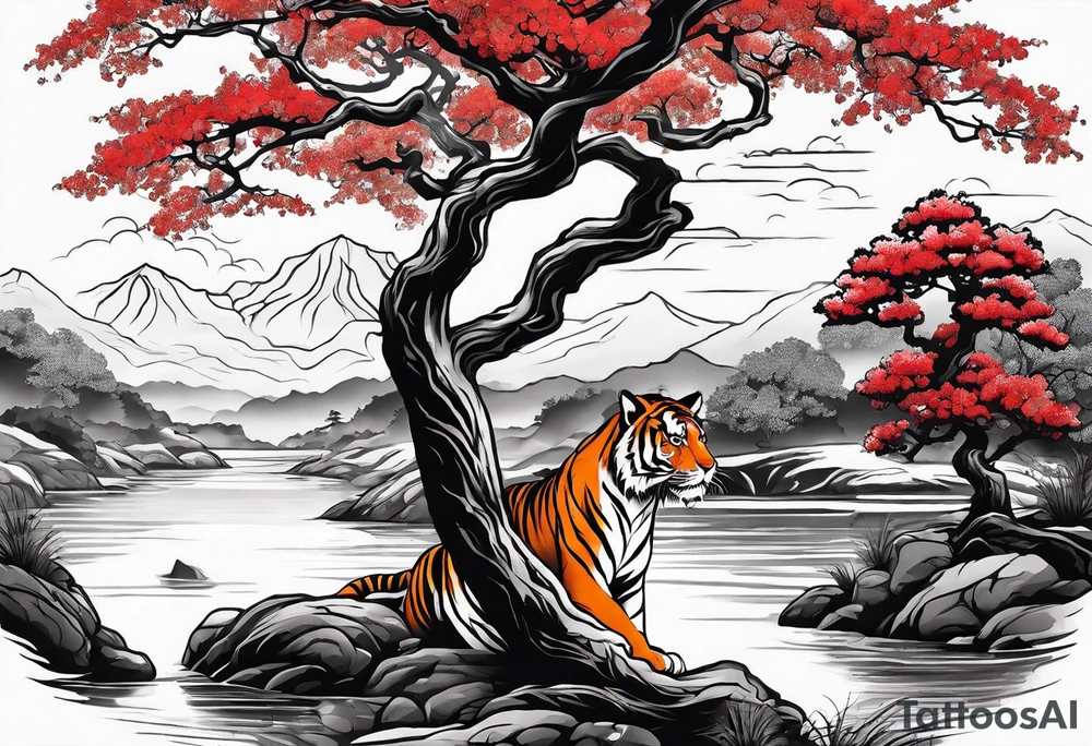 Create an upper arm tattoo of a Red japanese oak tree next to a river with a tiger sitting next to it tattoo idea