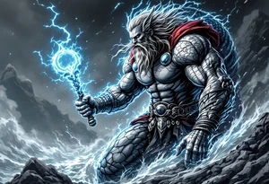 A colossal Thor battling the Midgard Serpent, Jörmungandr, with Mjölnir glowing in his hand, in high-contrast black and grey with electric blue. tattoo idea