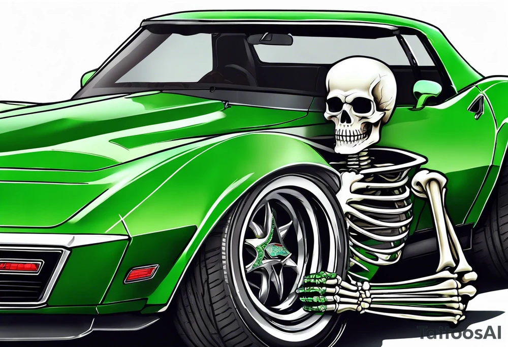 Skeleton smoking a cigarette driving a green 1976 convertible Corvette tattoo idea