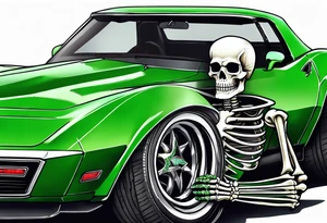 Skeleton smoking a cigarette driving a green 1976 convertible Corvette tattoo idea