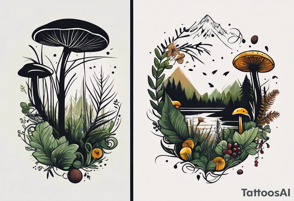 forest floor inspired minimalist tattoo, which includes grass, curly ferns, moss and dead leaves as the bulk of the tattoo. details to include: forest berries, a tiny bumblebee flying nearby, three small brown mushrooms
Generate a vertically long one tattoo idea