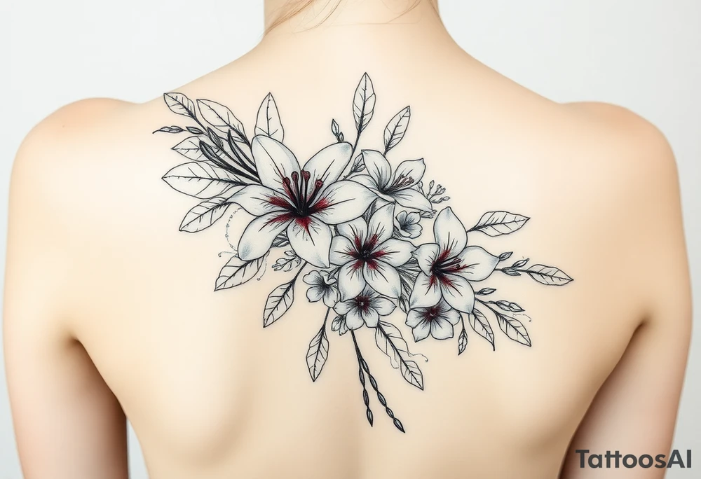 lilies with cherry blossoms and spider plant in a floral wrap on the arm tattoo idea