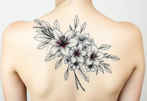 lilies with cherry blossoms and spider plant in a floral wrap on the arm tattoo idea