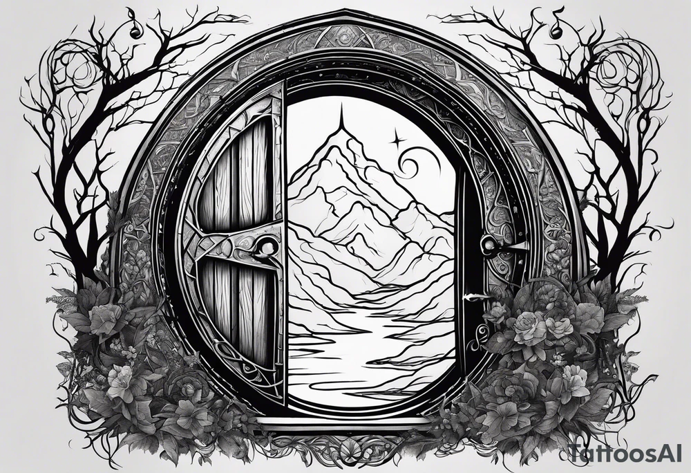 Lord of the rings and Harry Potter movie mashup. Small and simple. Hobbit door hole, wands, elvish writing, deathly hallows tattoo idea