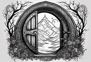 Lord of the rings and Harry Potter movie mashup. Small and simple. Hobbit door hole, wands, elvish writing, deathly hallows tattoo idea