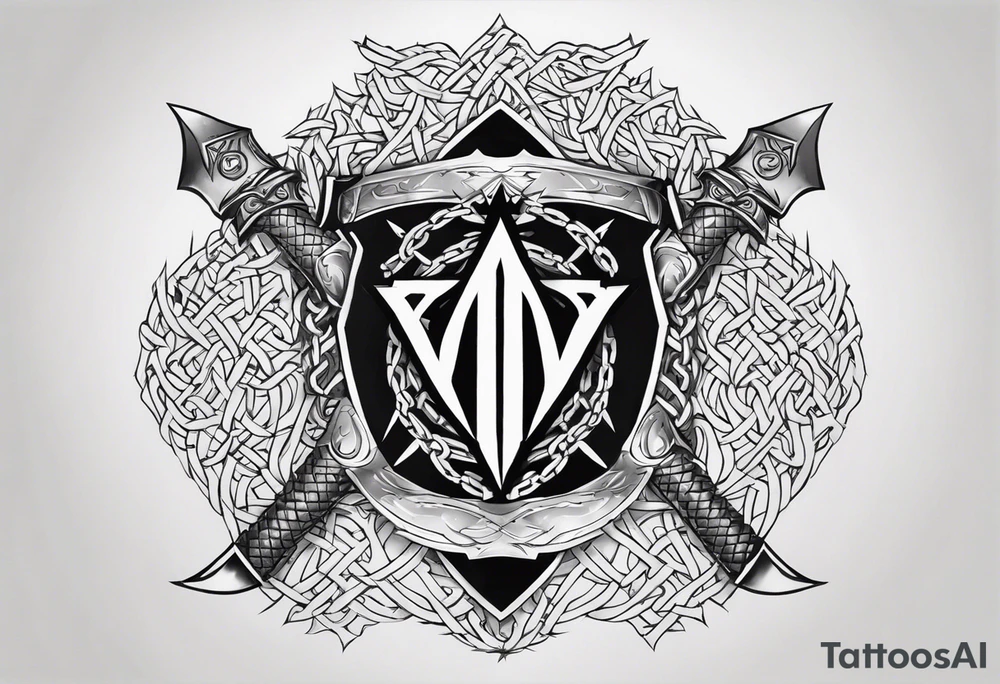 Valhalla sword shield dragon axe Valknut barbed wire chains tattoo idea Valhalla sword shield dragon axe Valknut barbed wire chains tattoo idea