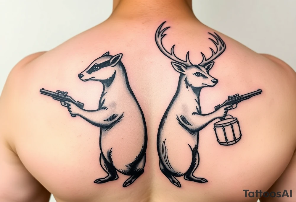 Wisconsin Badger and Milwaukee Buck's Deer standing back against each other both holding gun's with drums on em tattoo idea