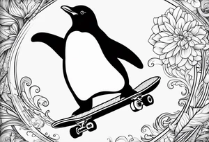 Fat penguin riding a skateboard upside down tattoo idea