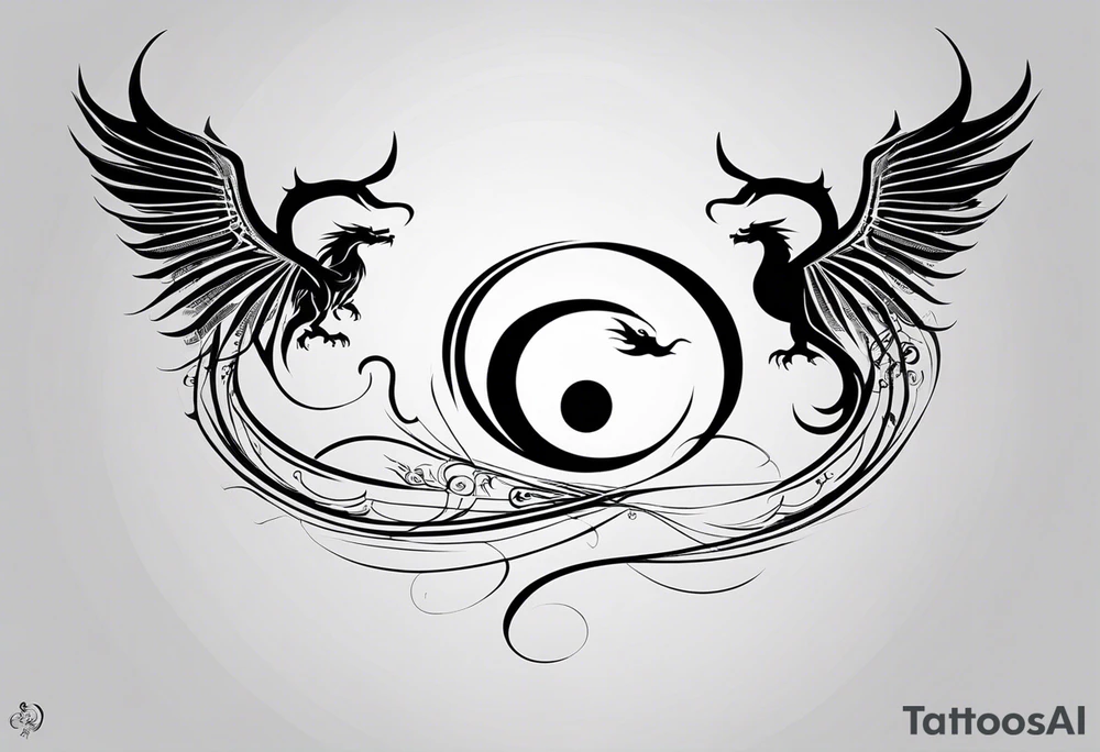 For a Gen Z-inspired dragon and phoenix tattoo, think of a clean, minimalist design that combines symbolism with bold, sleek lines. Imagine a dragon and phoenix spiraling together in a yin-yang-inspired layout. The dragon has a slightly abstract, modern shape, with sharp, flowing lines to show power, resilience, and wisdom, while the phoenix is rendered with sweeping curves and minimal detailing, symbolizing rebirth, growth, and transformation.

Both creatures should interact harmoniously, representing balance and duality. To keep it meaningful, focus on line work rather than intricate shading—clear, open spaces allow the tattoo to feel light and energetic. Adding small symbols, like stars or a faint galaxy backdrop, can enhance the "rising from ashes" and "strength through challenge" themes. This design will appeal timelessly while resonating with Gen Z’s love for symbolism and simplicity. tattoo idea