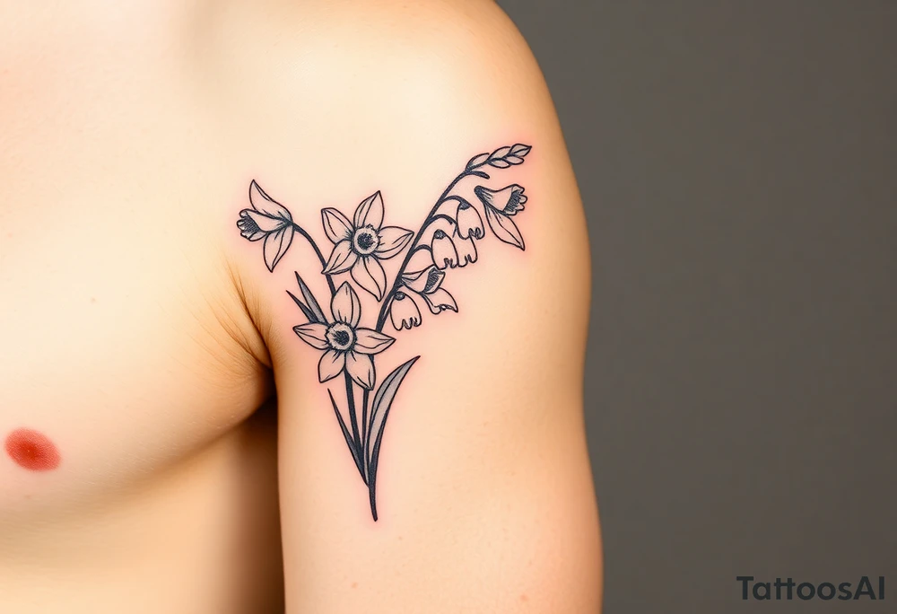 Feminine daffodils, Lily of the valley and larkspur bouquet tattoo idea