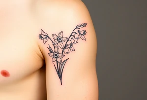Feminine daffodils, Lily of the valley and larkspur bouquet tattoo idea