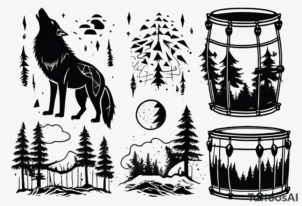 thunderstorm over a forest with a wolf howling on drums tattoo idea thunderstorm over a forest with a wolf howling on drums tattoo idea