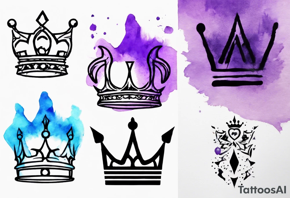 A tattoo of a minimalistic black crown and some negative space on a water color background of purple and blue. tattoo idea