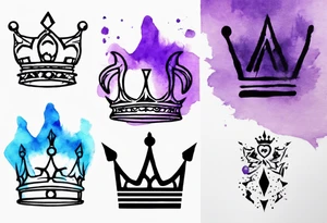 A tattoo of a minimalistic black crown and some negative space on a water color background of purple and blue. tattoo idea
