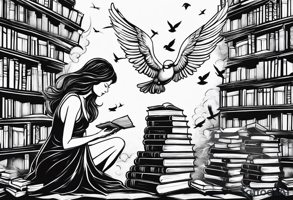 Angel kneeling next to open stack of books with bird silhouettes flying out of the book. tattoo idea