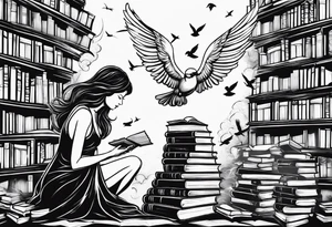 Angel kneeling next to open stack of books with bird silhouettes flying out of the book. tattoo idea