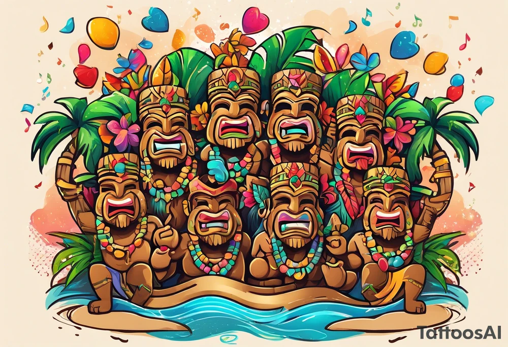 hulu tiki party with dancing tiki guys and sexy tiki girls on a beach with music notes and confetti around a blank space in the middle tattoo idea