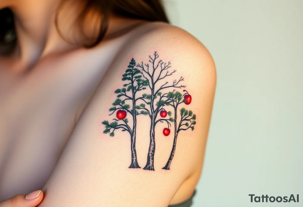 Tree tattoo. Three trees. Cedar pine cherry. Upper arm. tattoo idea