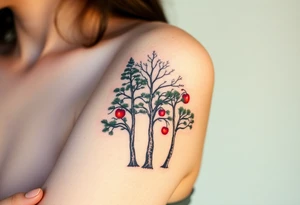 Tree tattoo. Three trees. Cedar pine cherry. Upper arm. tattoo idea