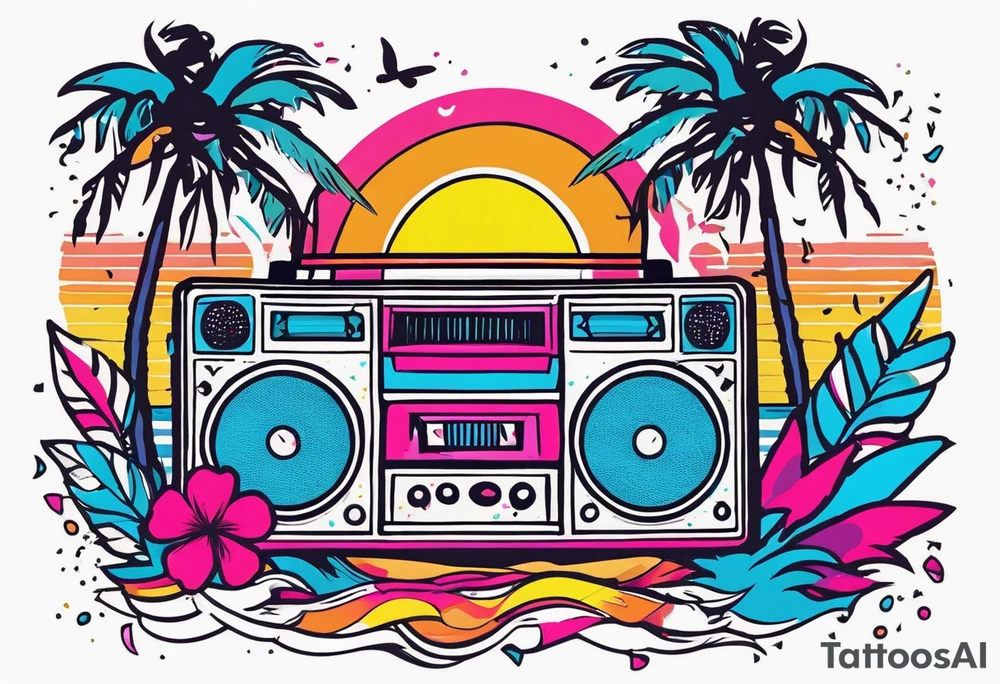 1980's miami vice style beach dance 
party, include confetti, music notes, boom box, bikinis sunset in the center tattoo idea