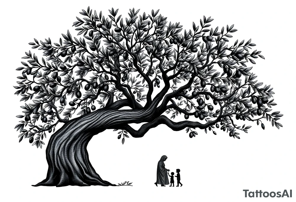 A highly detailed tattoo design featuring a majestic olive tree with sprawling branches and textured bark. Underneath the tree, a small family is depicted: a father, a mother wearing a hijab, and their young son, all interacting with the tree as if harvesting olives. The figures are fully blacked-out silhouettes, emphasizing simplicity and elegance, while the olive tree is intricately detailed with realistic leaves and a textured trunk. The composition conveys a sense of connection, unity, and tradition, with a soft gradient background to highlight the figures and tree tattoo idea