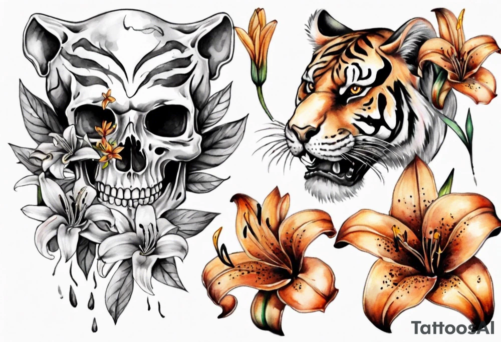 Skull and tiger lilies tattoo idea